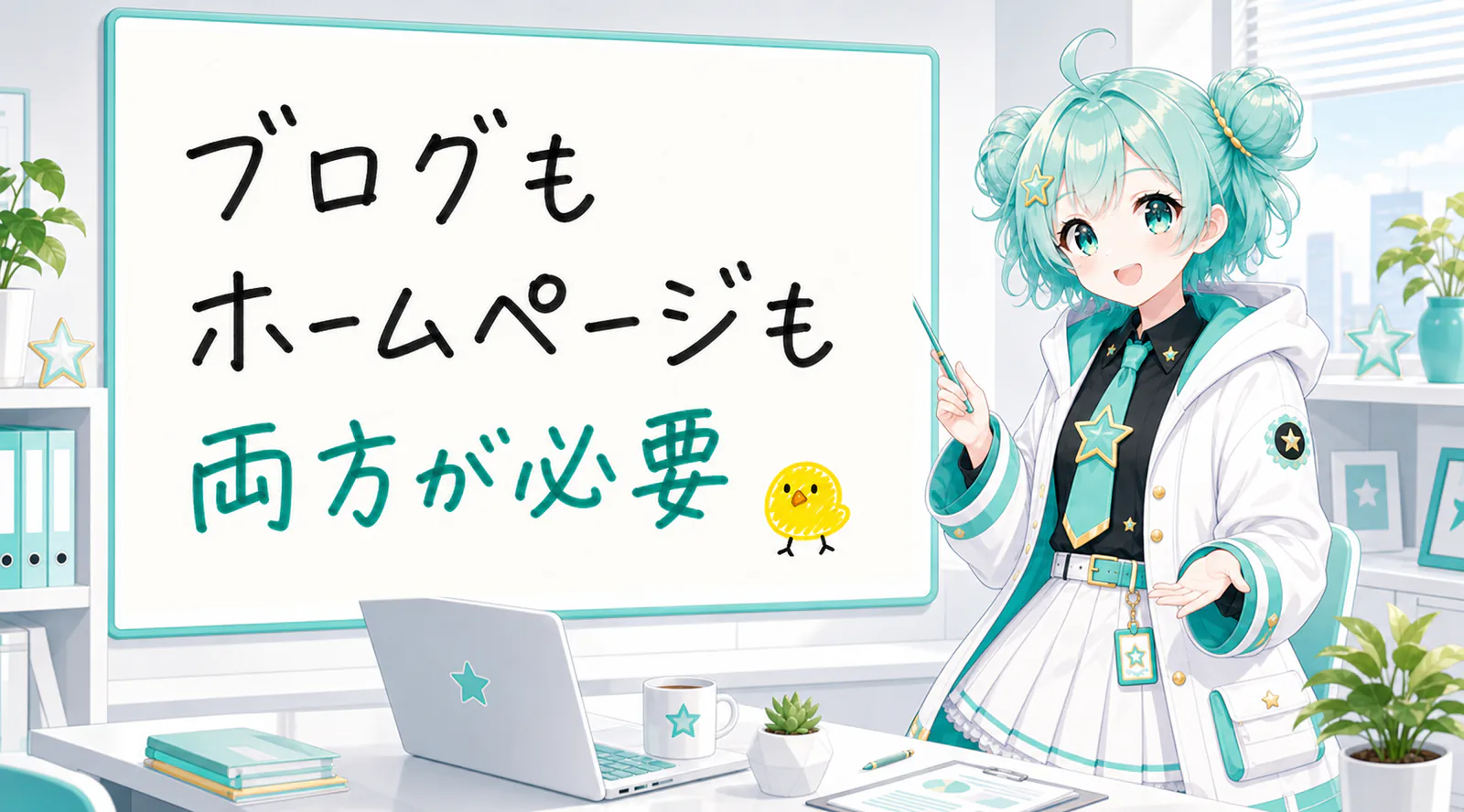 「ブログもホームページも両方が必要」と手書きされたホワイトボードを指す公式キャラクターと、ひよこの落書き