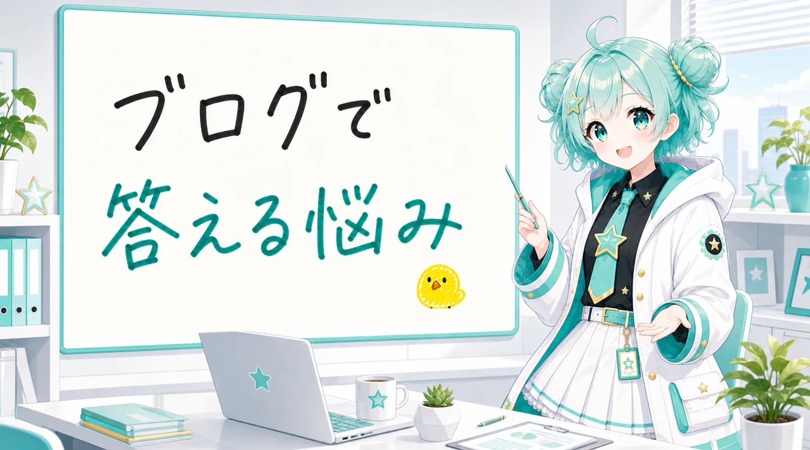「ブログで答える悩み」と手書きされたホワイトボードを指す公式キャラクターと、ひよこの落書き