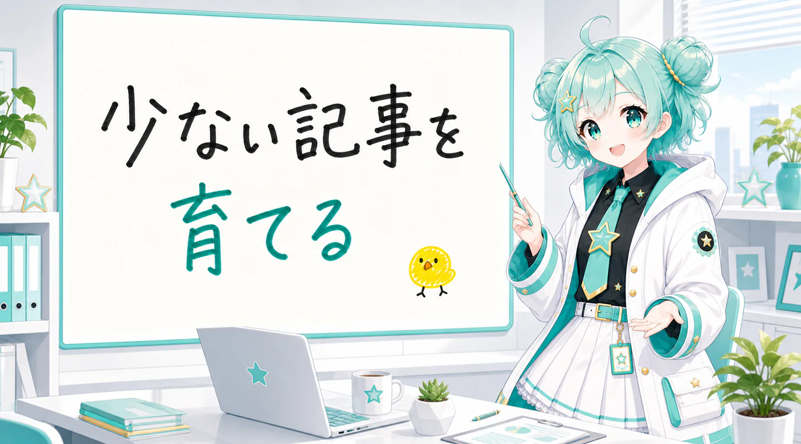 「少ない記事を育てる」と手書きされたホワイトボードを指す公式キャラクターと、ひよこの落書き