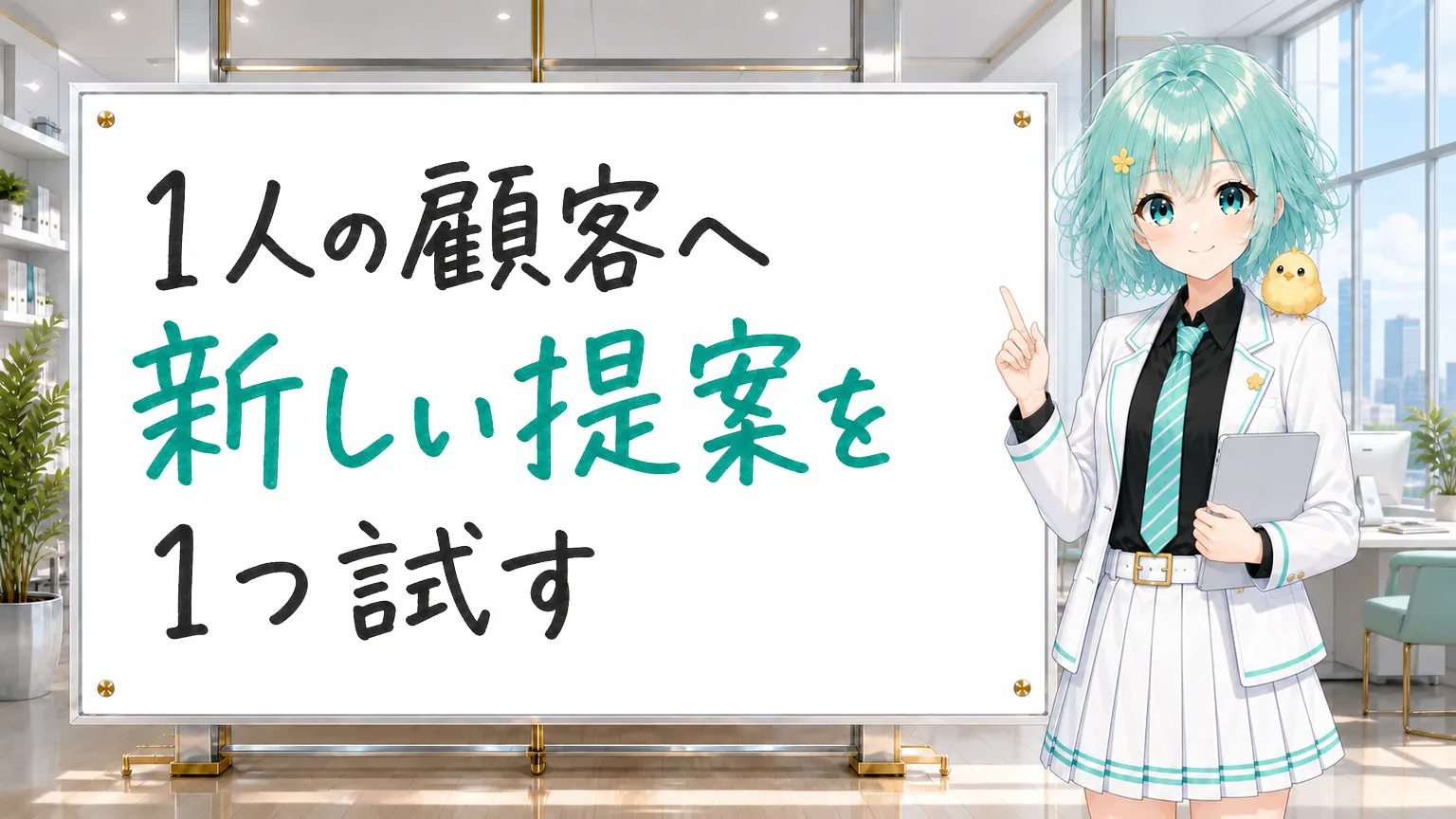 「1人の顧客へ新しい提案を1つ試す」と手書きされたホワイトボード、人差し指を立てて紹介する公式キャラクター