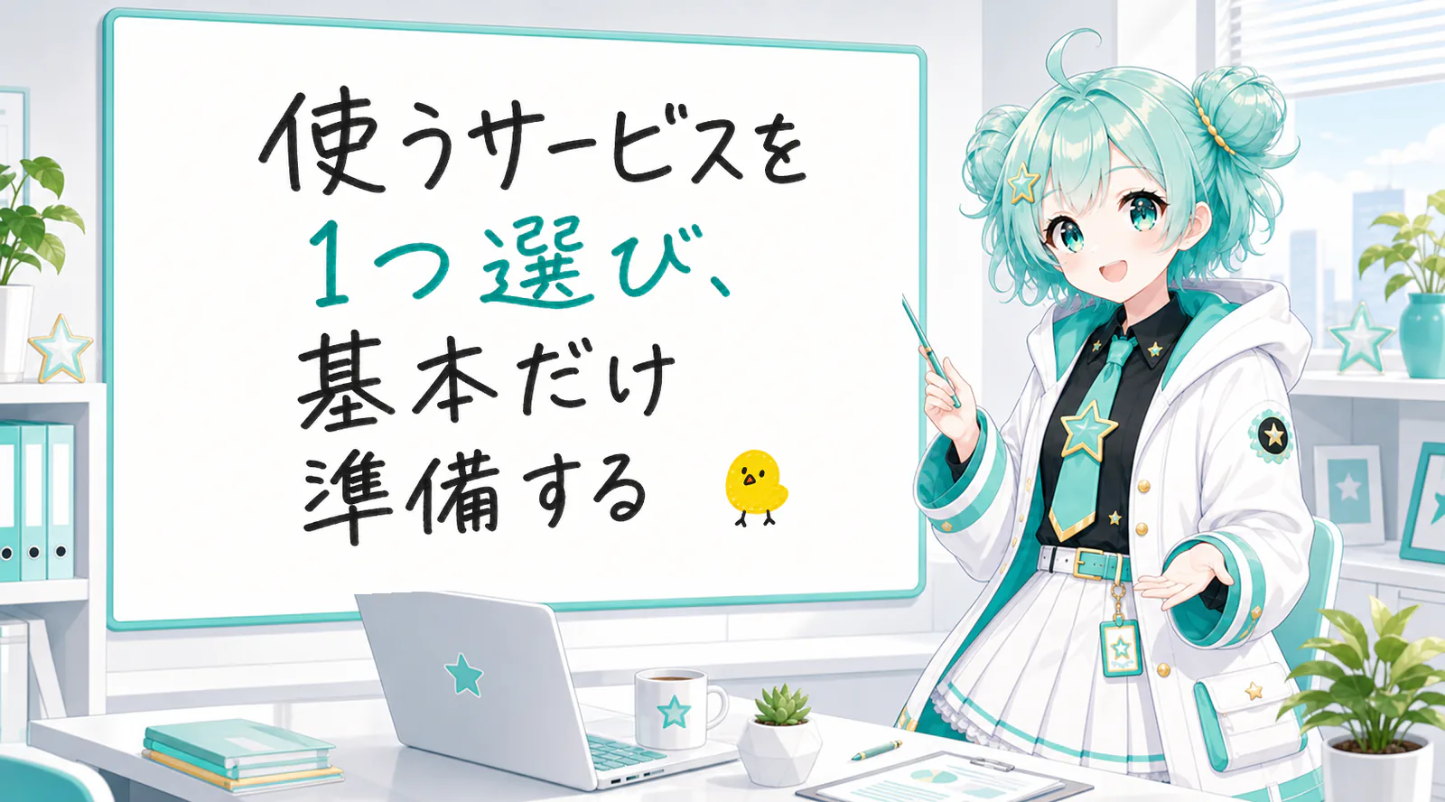 「使うサービスを1つ選び、基本だけ準備する」と手書きされたホワイトボードを指す公式キャラクターと、ひよこの落書き