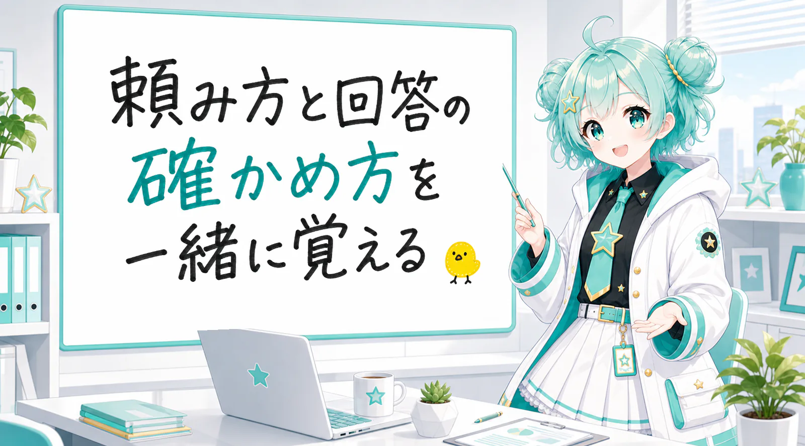 「頼み方と回答の確かめ方を一緒に覚える」と手書きされたホワイトボードを指す公式キャラクターと、ひよこの落書き
