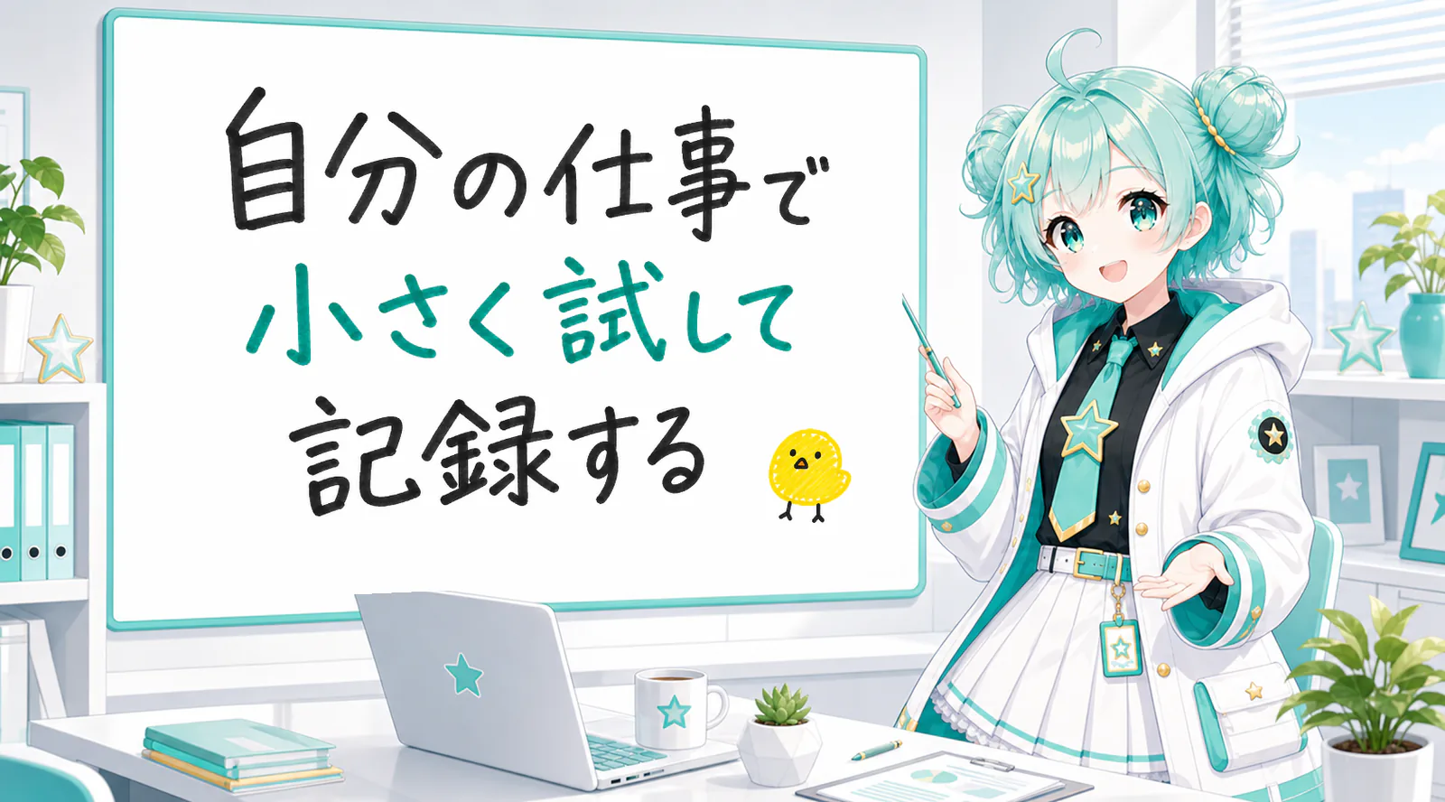 「自分の仕事で小さく試して記録する」と手書きされたホワイトボードを指す公式キャラクターと、ひよこの落書き