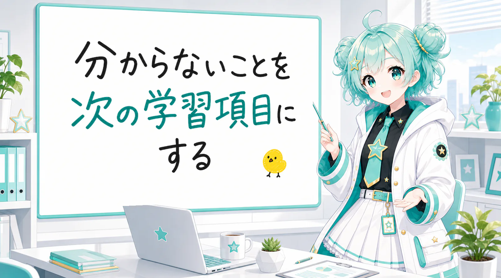 「分からないことを次の学習項目にする」と手書きされたホワイトボードを指す公式キャラクターと、ひよこの落書き