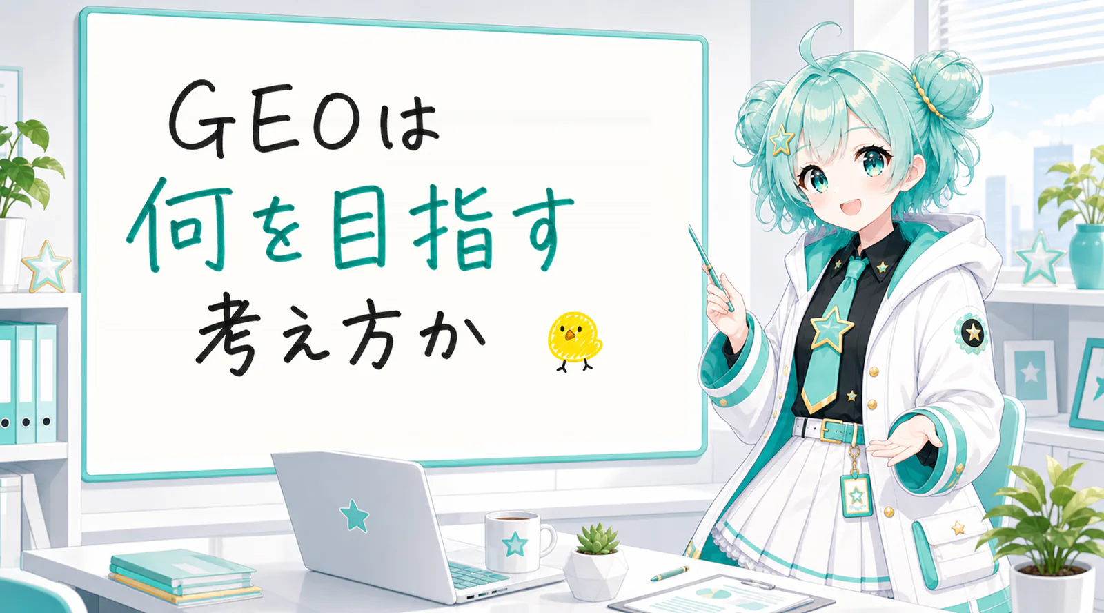 「GEOは何を目指す考え方か」と手書きされたホワイトボードを指す公式キャラクターと、ひよこの落書き