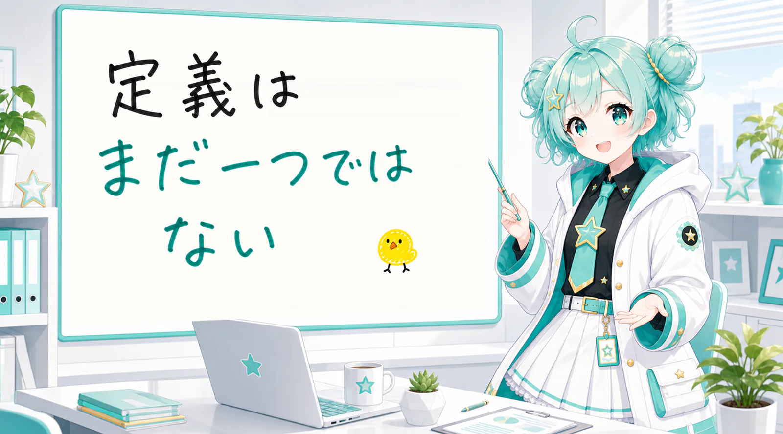 「定義はまだ一つではない」と手書きされたホワイトボードを指す公式キャラクターと、ひよこの落書き