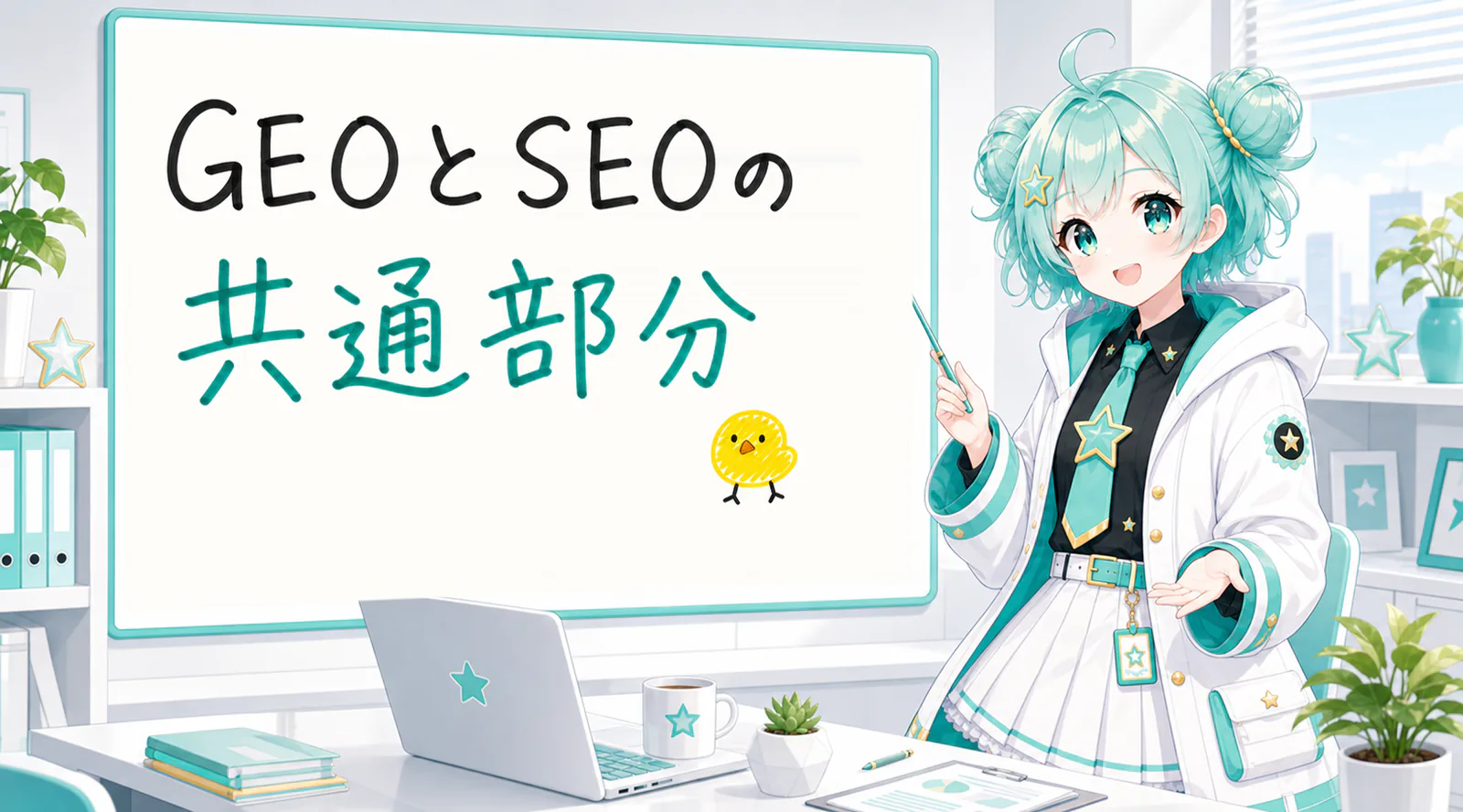 「GEOとSEOの共通部分」と手書きされたホワイトボードを指す公式キャラクターと、ひよこの落書き