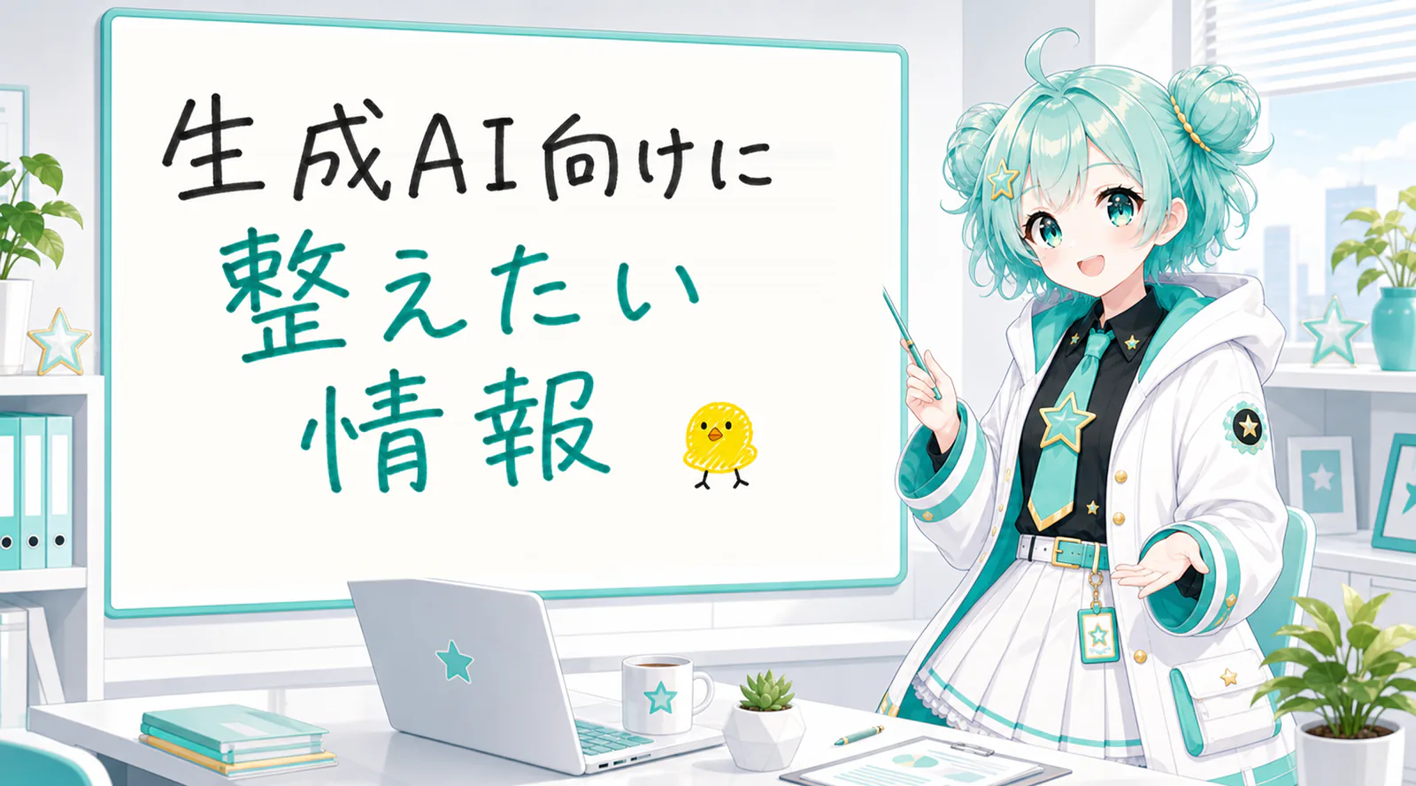 「生成AI向けに整えたい情報」と手書きされたホワイトボードを指す公式キャラクターと、ひよこの落書き