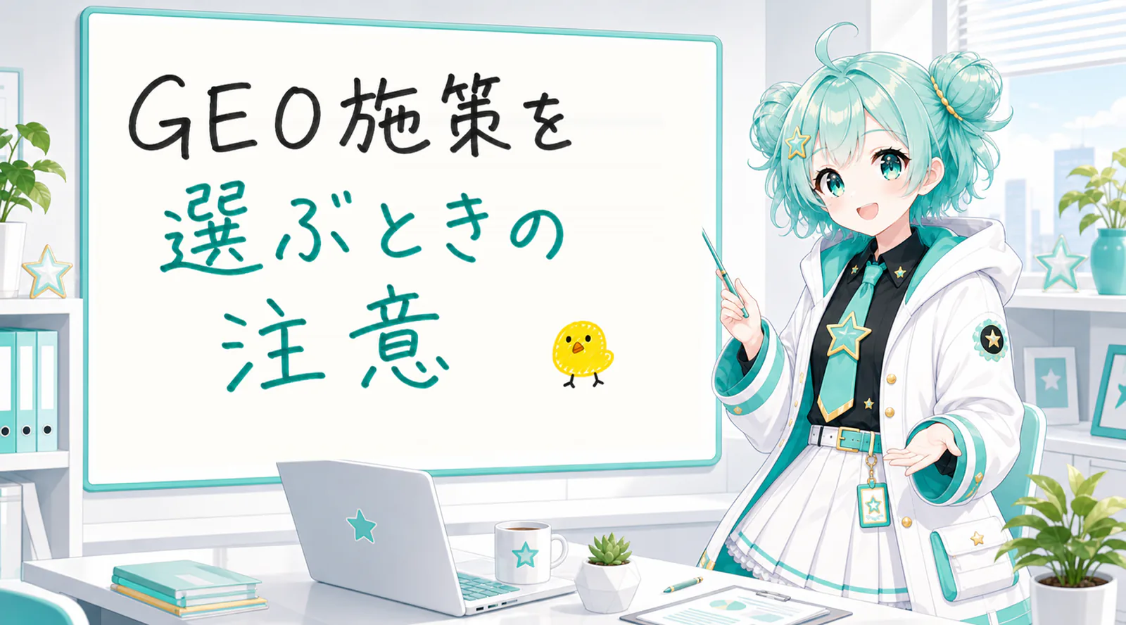 「GEO施策を選ぶときの注意」と手書きされたホワイトボードを指す公式キャラクターと、ひよこの落書き