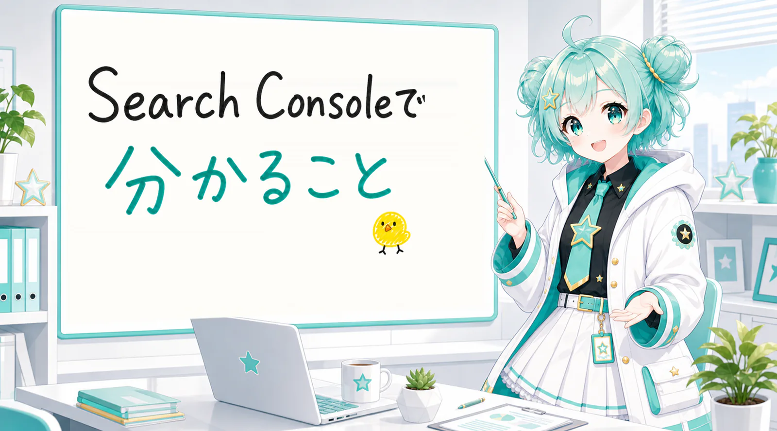 「Search Consoleで分かること」と手書きされたホワイトボードを指す公式キャラクターと、ひよこの落書き