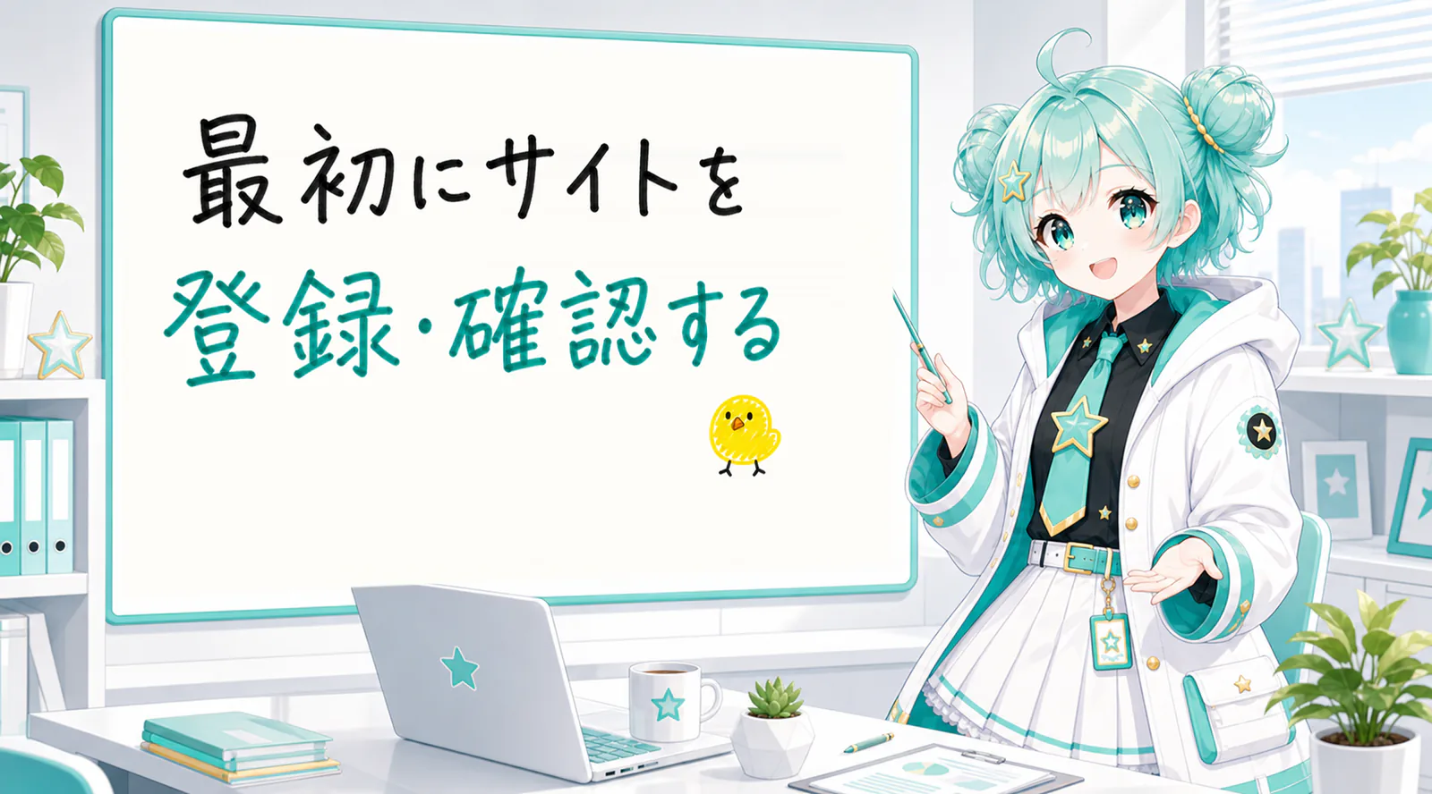 「最初にサイトを登録・確認する」と手書きされたホワイトボードを指す公式キャラクターと、ひよこの落書き