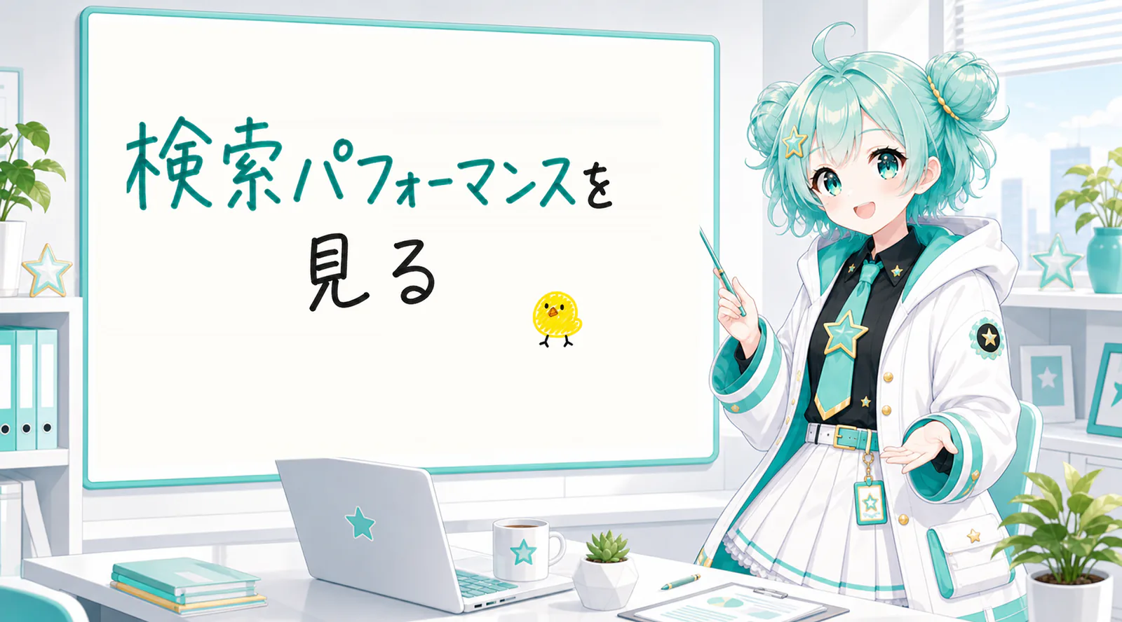 「検索パフォーマンスを見る」と手書きされたホワイトボードを指す公式キャラクターと、ひよこの落書き
