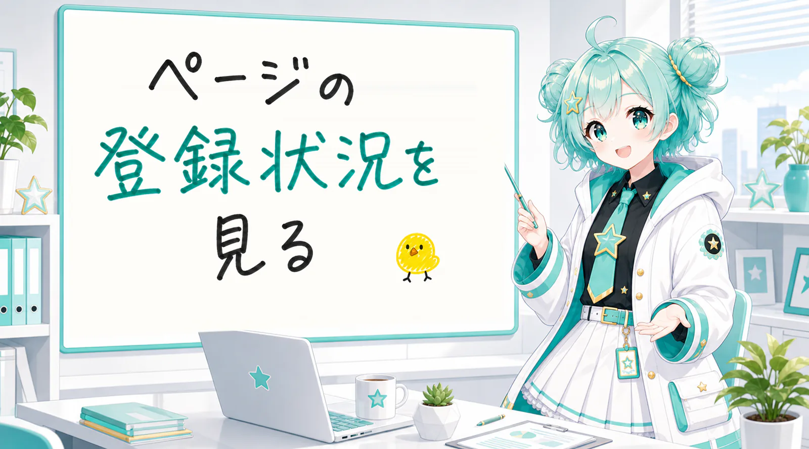 「ページの登録状況を見る」と手書きされたホワイトボードを指す公式キャラクターと、ひよこの落書き