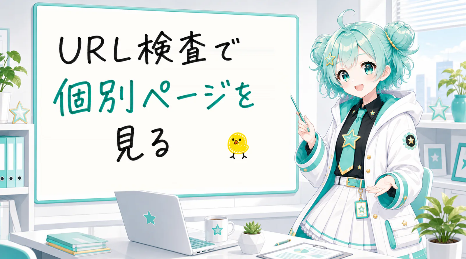 「URL検査で個別ページを見る」と手書きされたホワイトボードを指す公式キャラクターと、ひよこの落書き