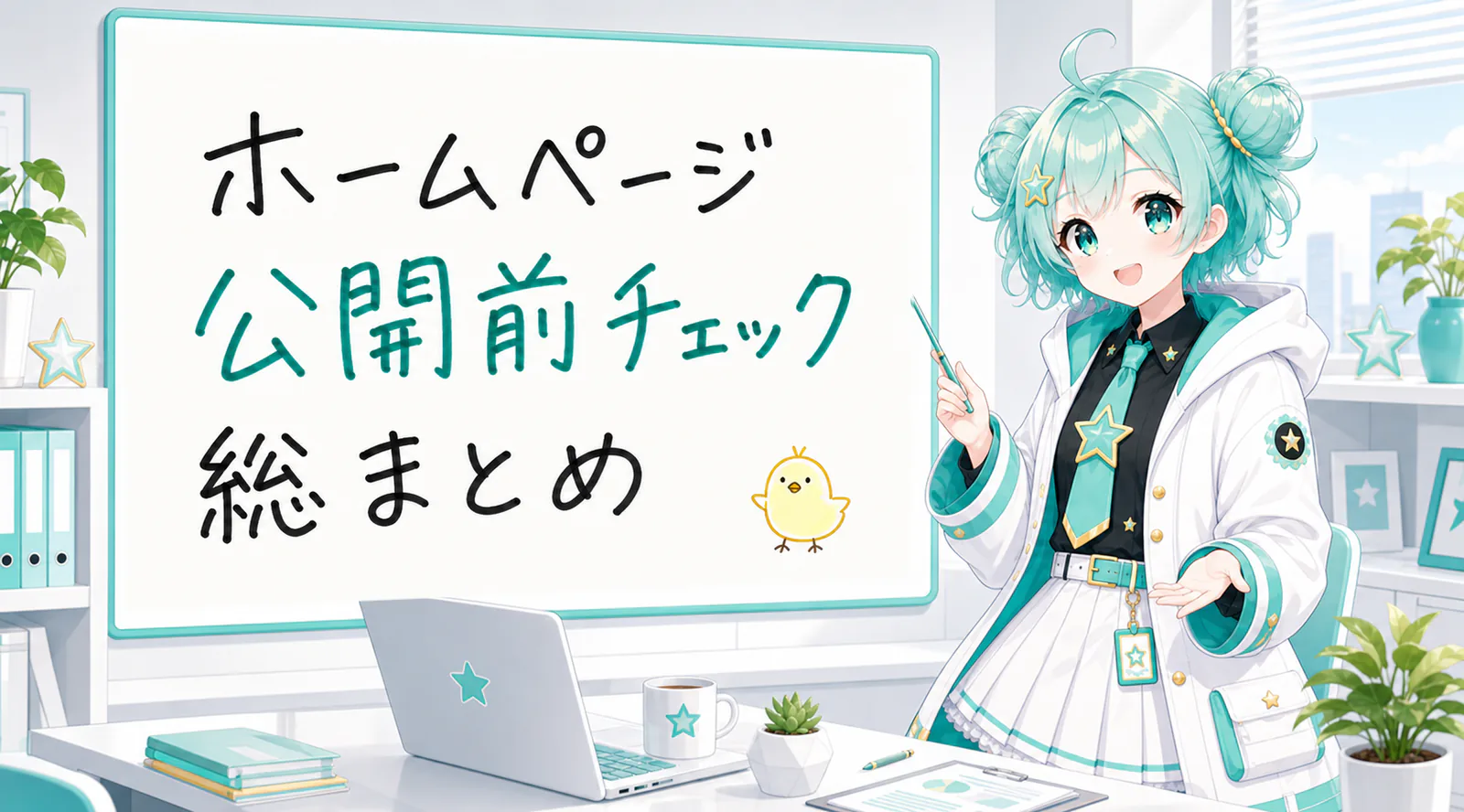 「ホームページ公開前チェック総まとめ」と手書きされたホワイトボードを指す公式キャラクターと、ひよこの落書き