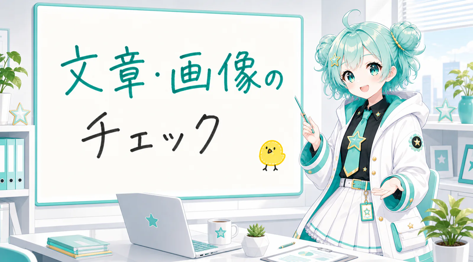 「文章・画像のチェック」と手書きされたホワイトボードを指す公式キャラクターと、ひよこの落書き