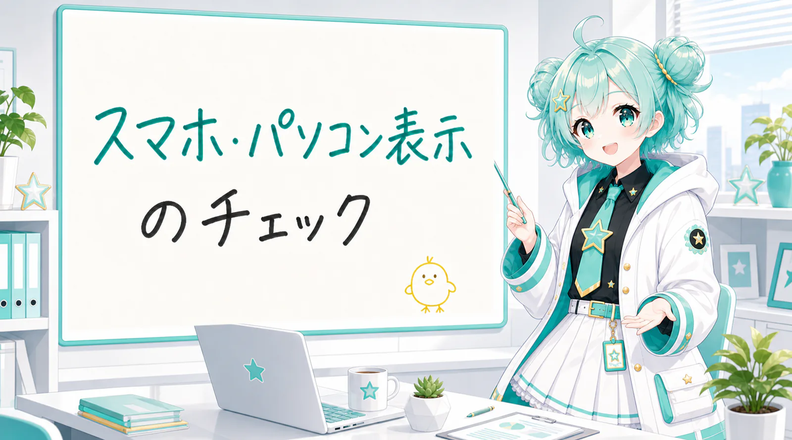 「スマホ・パソコン表示のチェック」と手書きされたホワイトボードを指す公式キャラクターと、ひよこの落書き