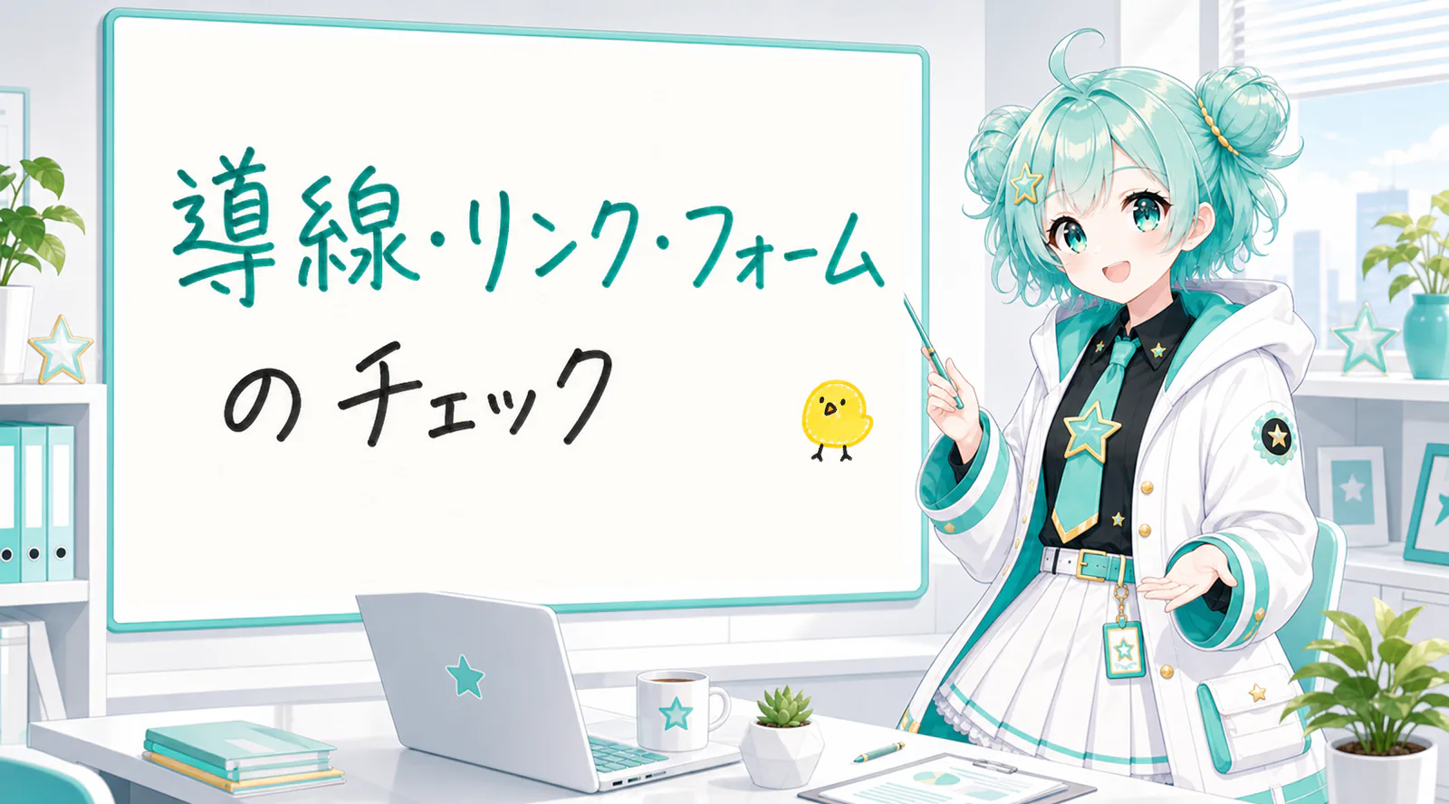 「導線・リンク・フォームのチェック」と手書きされたホワイトボードを指す公式キャラクターと、ひよこの落書き