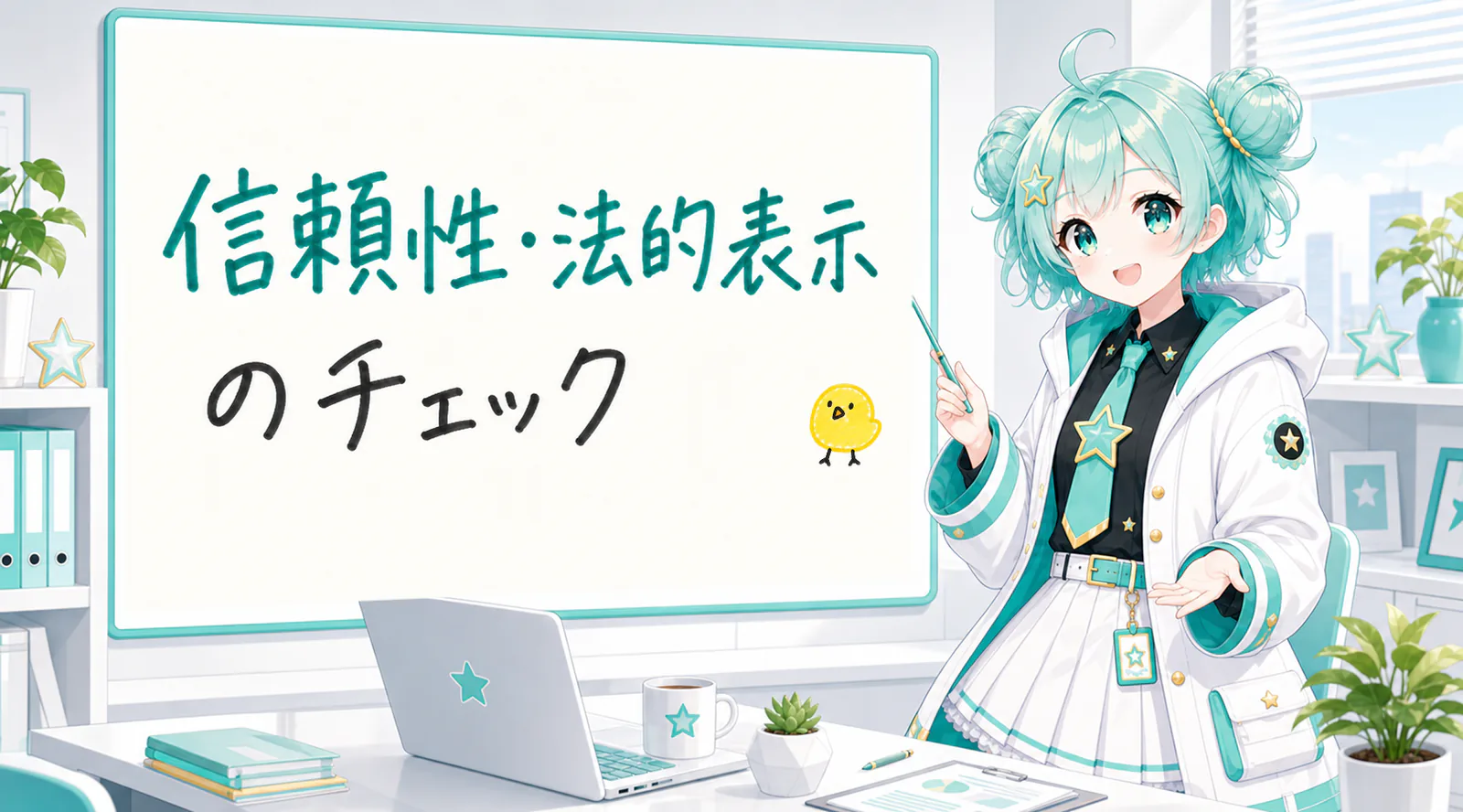 「信頼性・法的表示のチェック」と手書きされたホワイトボードを指す公式キャラクターと、ひよこの落書き