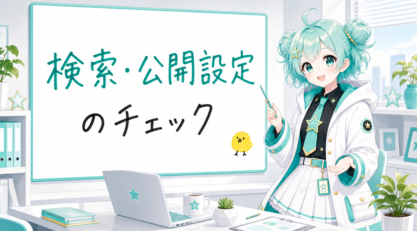 「検索・公開設定のチェック」と手書きされたホワイトボードを指す公式キャラクターと、ひよこの落書き