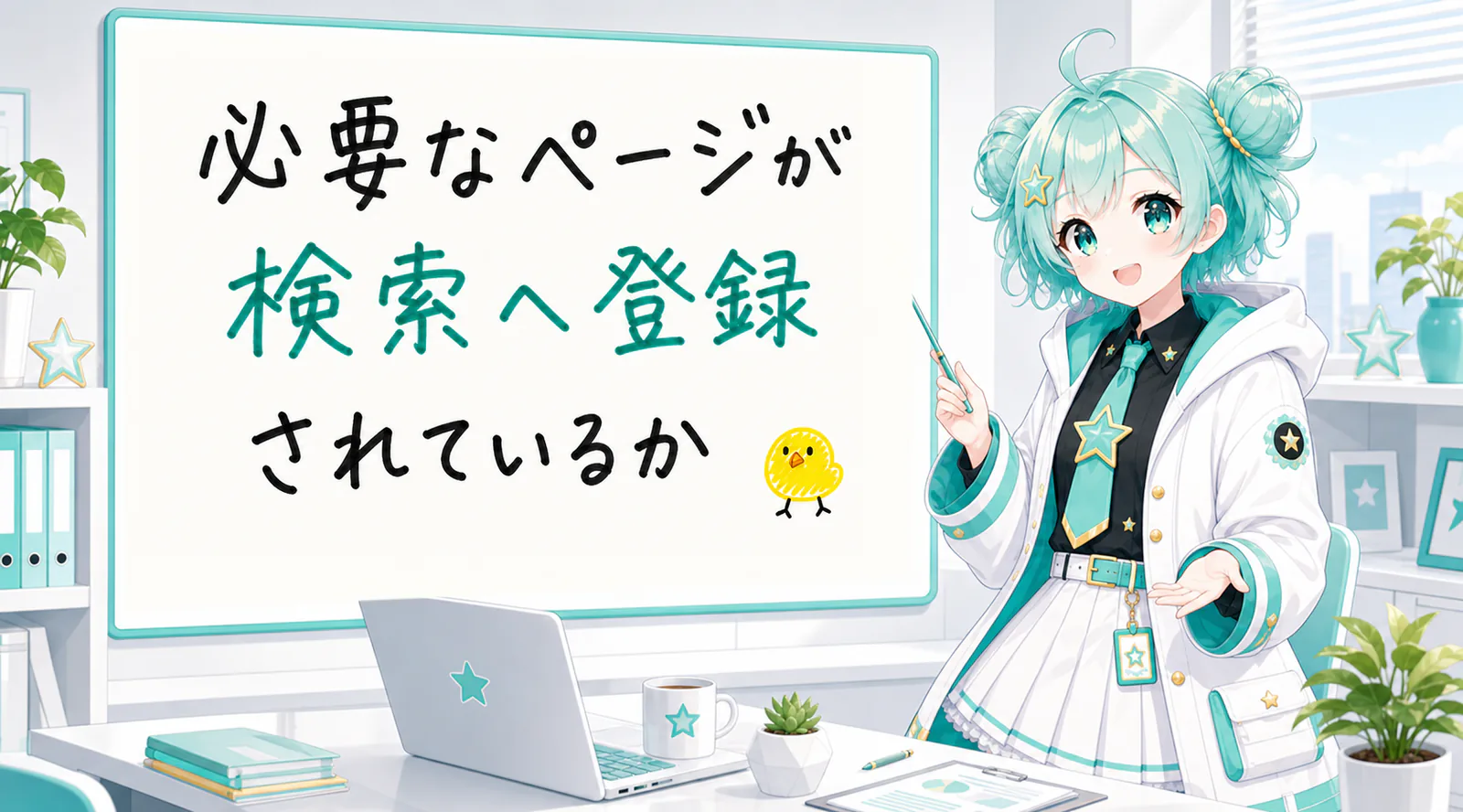 「必要なページが検索へ登録されているか」と手書きされたホワイトボードを指す公式キャラクターと、ひよこの落書き