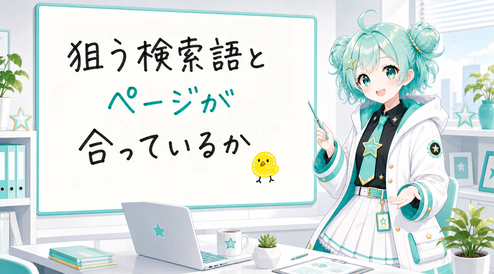 「狙う検索語とページが合っているか」と手書きされたホワイトボードを指す公式キャラクターと、ひよこの落書き