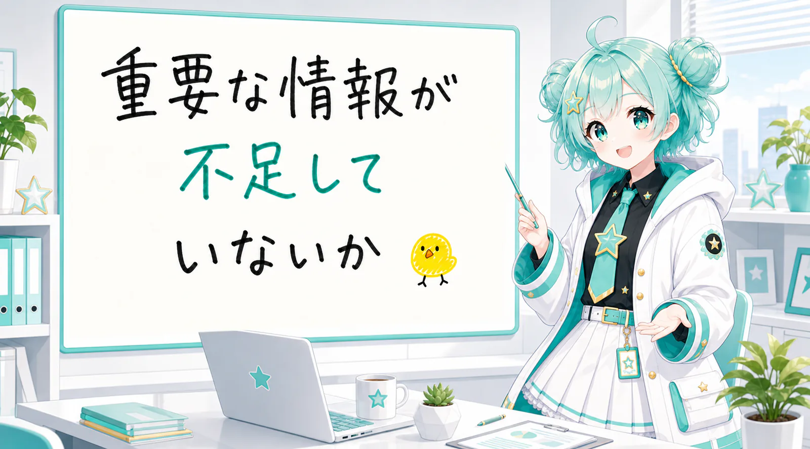 「重要な情報が不足していないか」と手書きされたホワイトボードを指す公式キャラクターと、ひよこの落書き