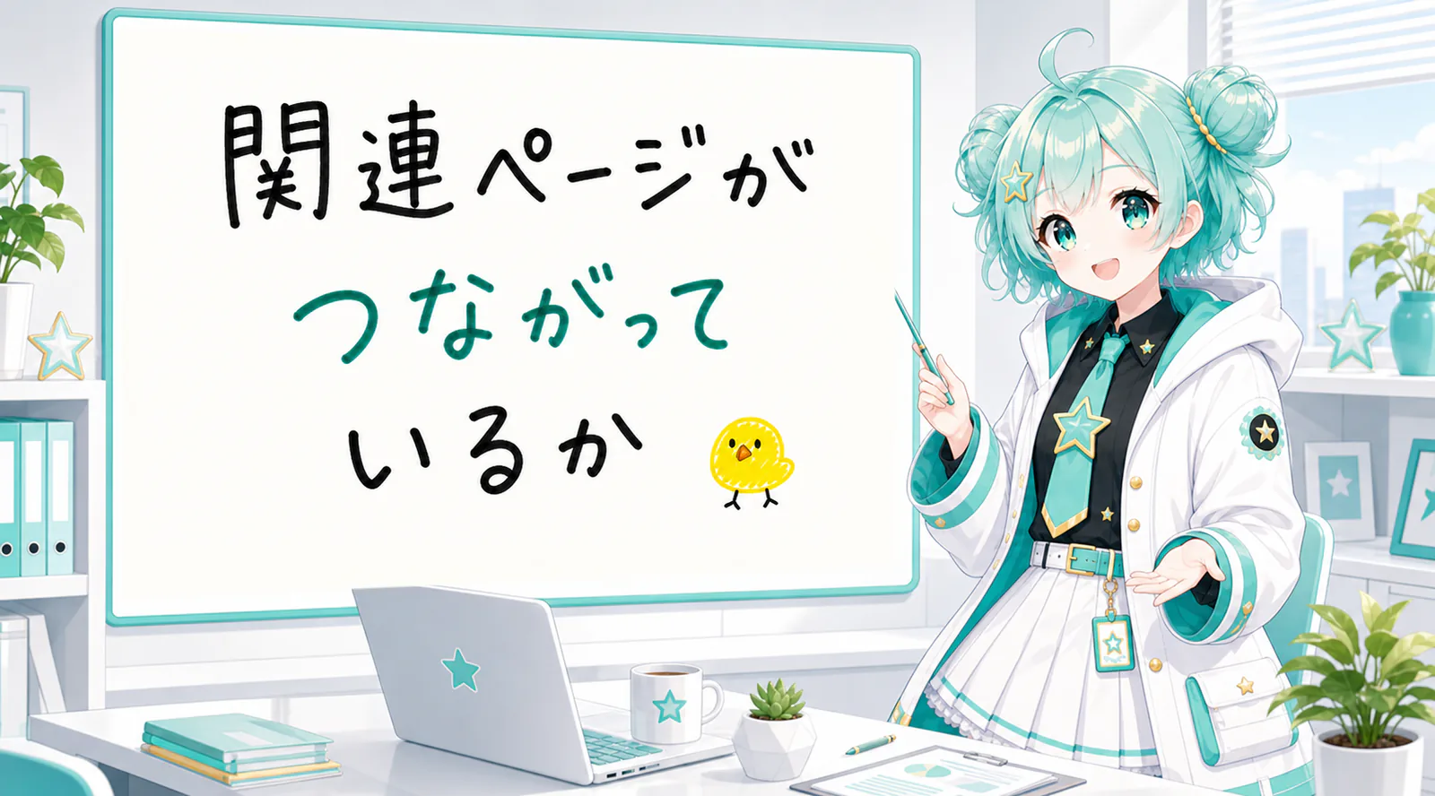 「関連ページがつながっているか」と手書きされたホワイトボードを指す公式キャラクターと、ひよこの落書き