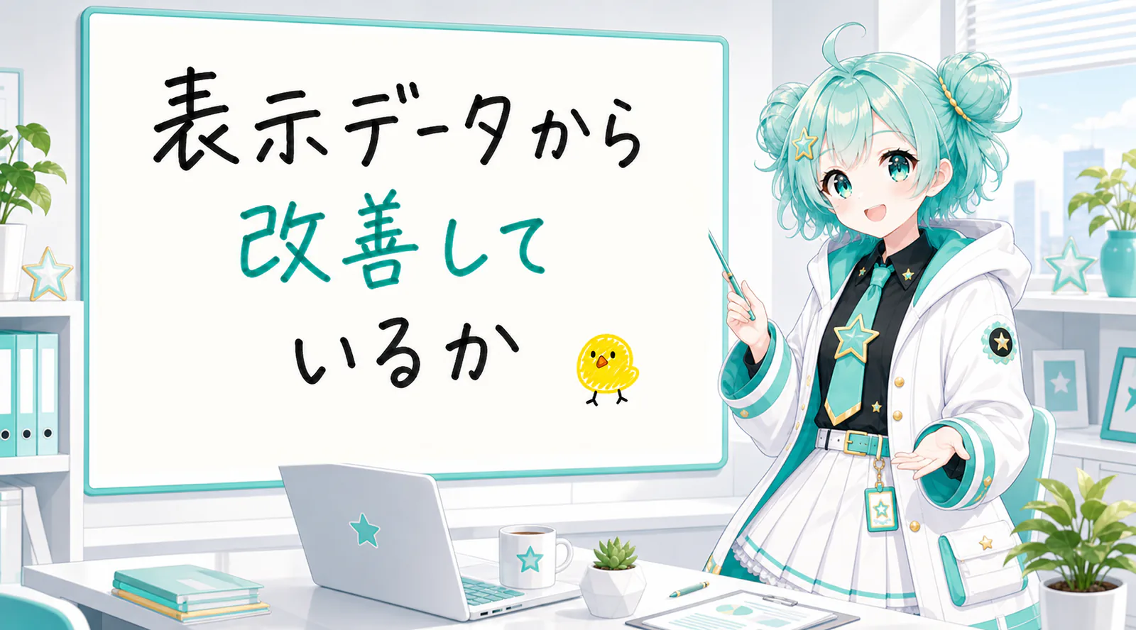 「表示データから改善しているか」と手書きされたホワイトボードを指す公式キャラクターと、ひよこの落書き