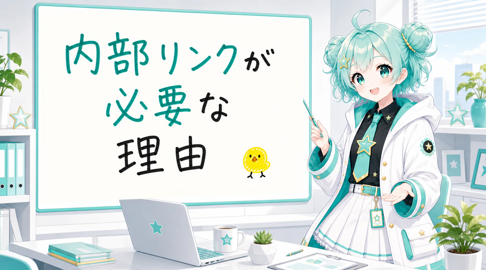 「内部リンクが必要な理由」と手書きされたホワイトボードを指す公式キャラクターと、ひよこの落書き