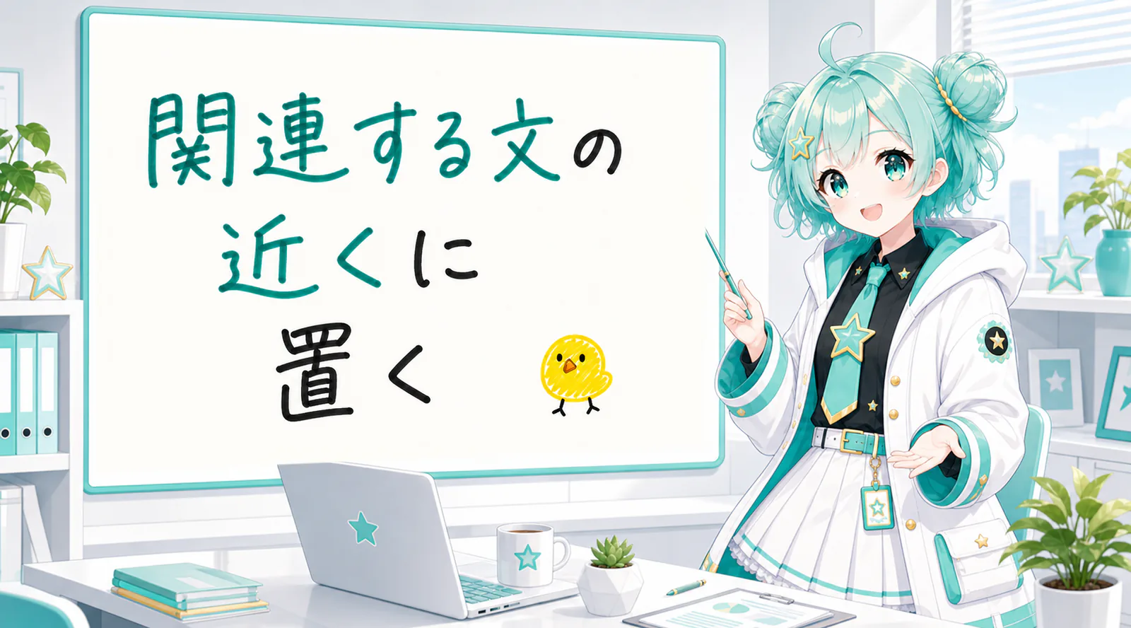 「関連する文の近くに置く」と手書きされたホワイトボードを指す公式キャラクターと、ひよこの落書き