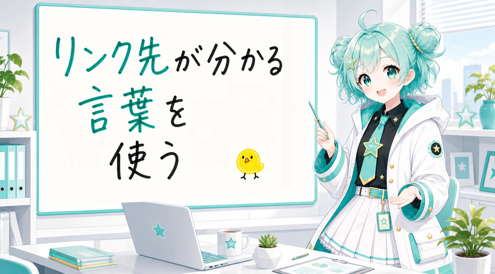 「リンク先が分かる言葉を使う」と手書きされたホワイトボードを指す公式キャラクターと、ひよこの落書き