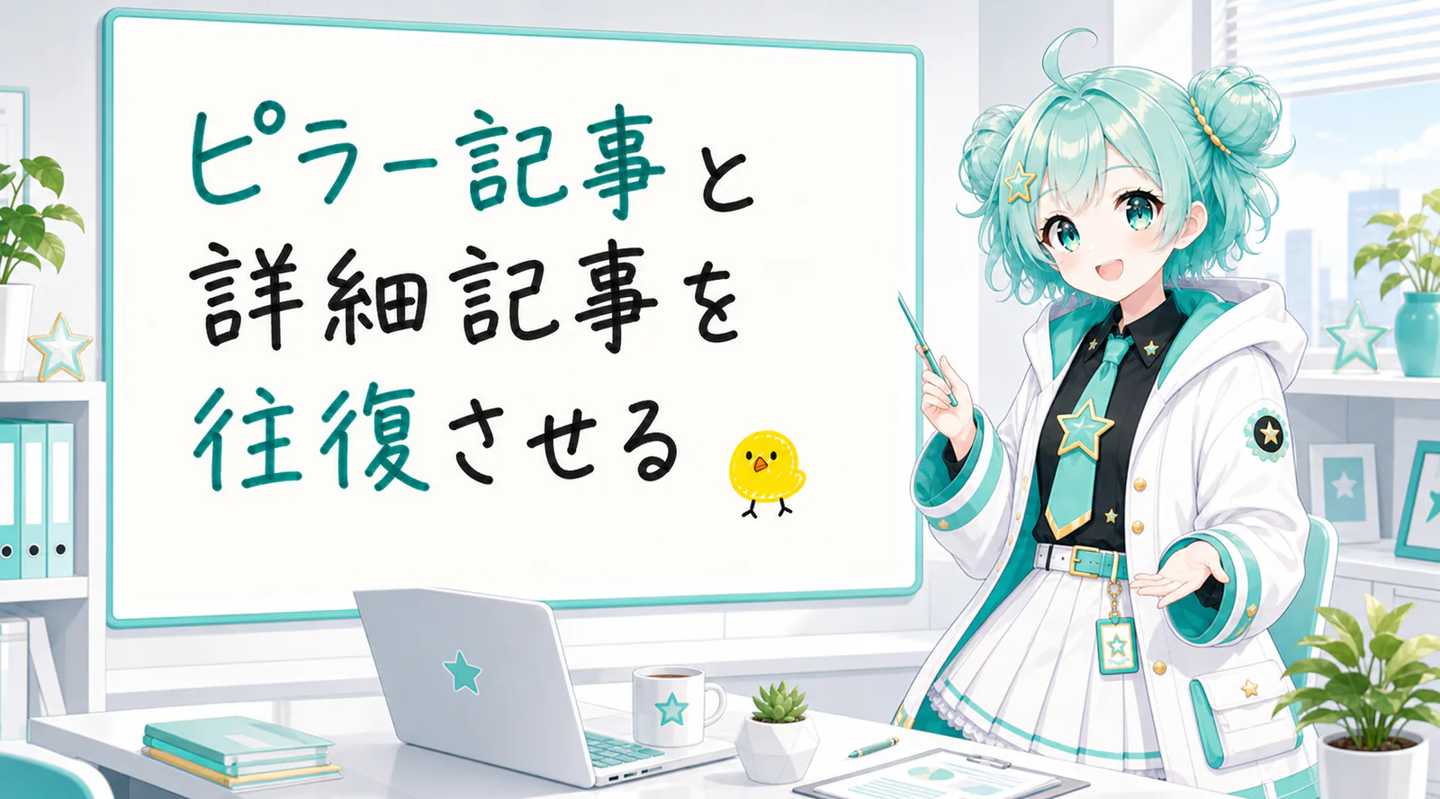 「ピラー記事と詳細記事を往復させる」と手書きされたホワイトボードを指す公式キャラクターと、ひよこの落書き