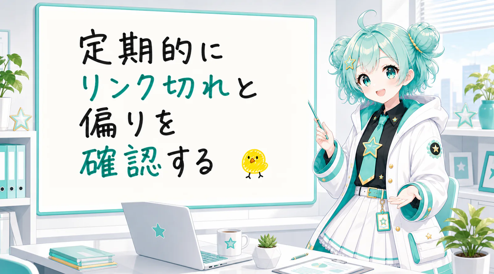 「定期的にリンク切れと偏りを確認する」と手書きされたホワイトボードを指す公式キャラクターと、ひよこの落書き