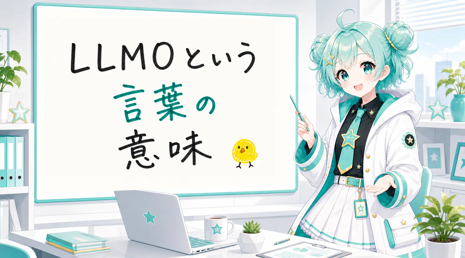 「LLMOという言葉の意味」と手書きされたホワイトボードを指す公式キャラクターと、ひよこの落書き