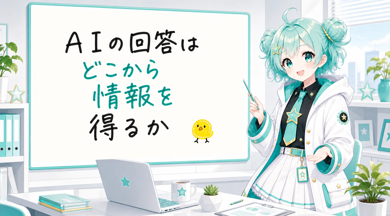 「AIの回答はどこから情報を得るか」と手書きされたホワイトボードを指す公式キャラクターと、ひよこの落書き