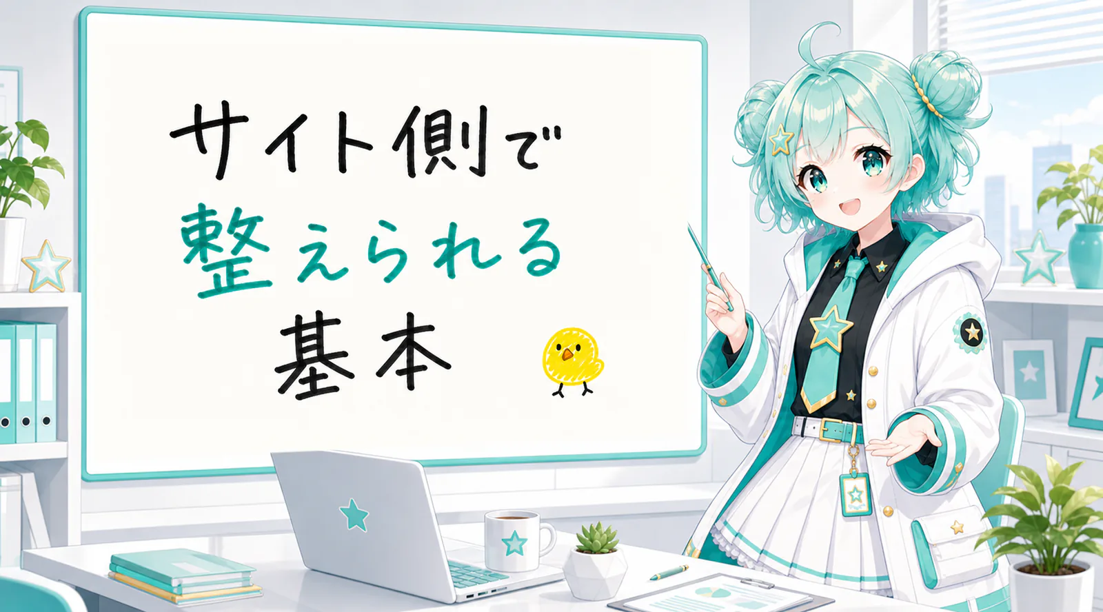 「サイト側で整えられる基本」と手書きされたホワイトボードを指す公式キャラクターと、ひよこの落書き