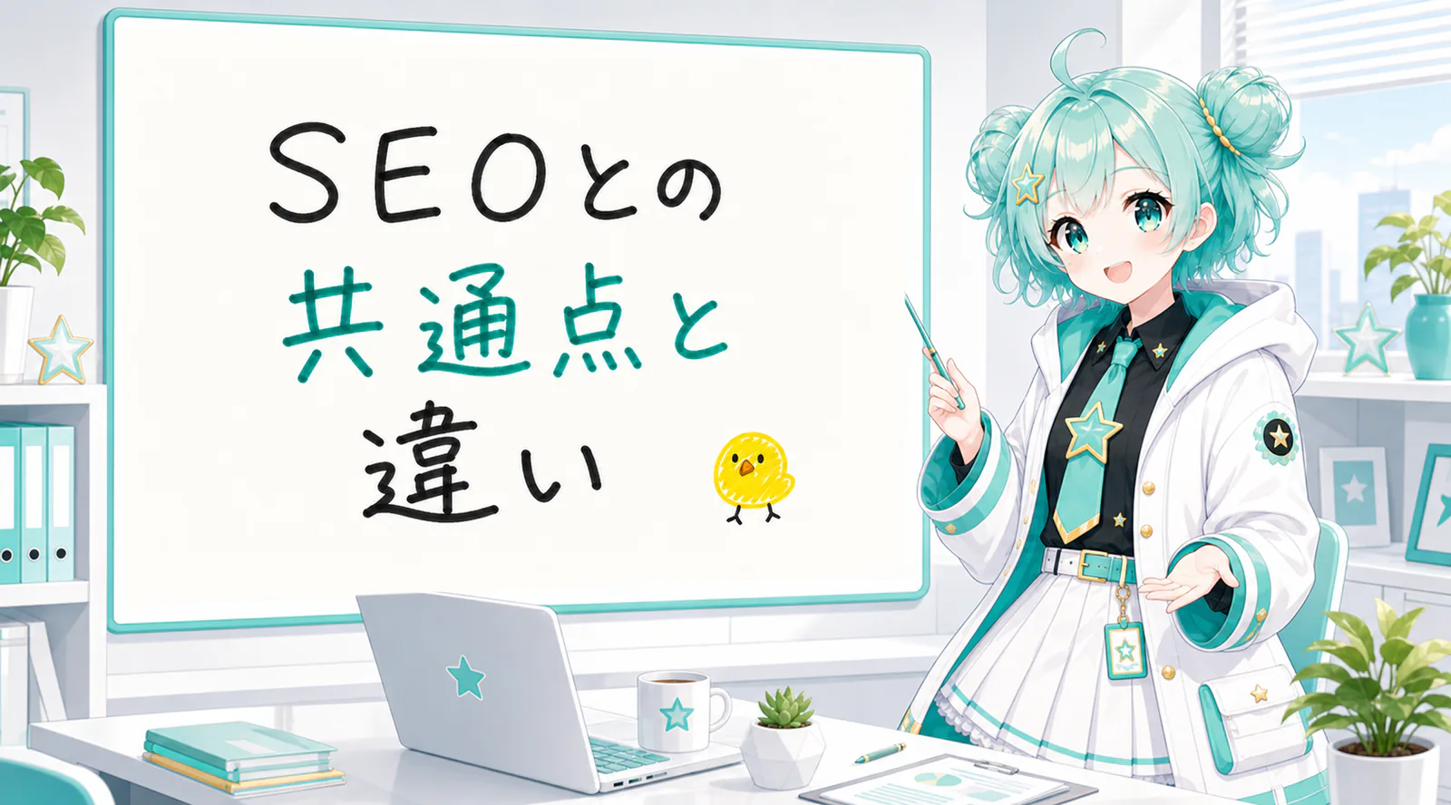「SEOとの共通点と違い」と手書きされたホワイトボードを指す公式キャラクターと、ひよこの落書き