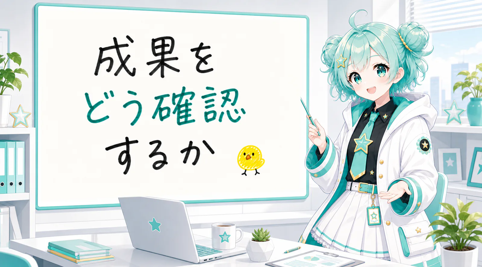 「成果をどう確認するか」と手書きされたホワイトボードを指す公式キャラクターと、ひよこの落書き