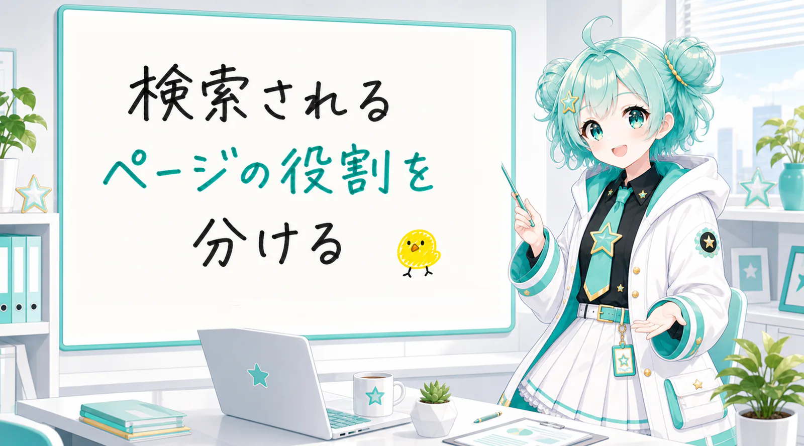 「検索されるページの役割を分ける」と手書きされたホワイトボードを指す公式キャラクターと、ひよこの落書き