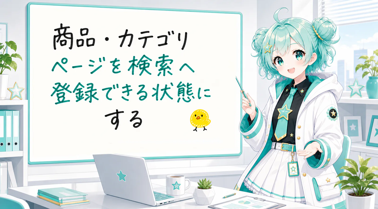 「商品・カテゴリページを検索へ登録できる状態にする」と手書きされたホワイトボードを指す公式キャラクターと、ひよこの落書き
