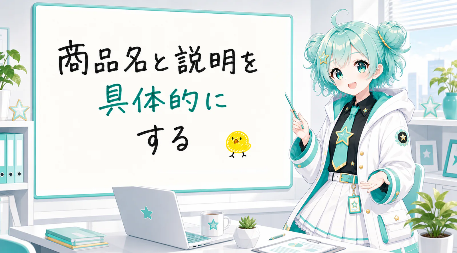 「商品名と説明を具体的にする」と手書きされたホワイトボードを指す公式キャラクターと、ひよこの落書き