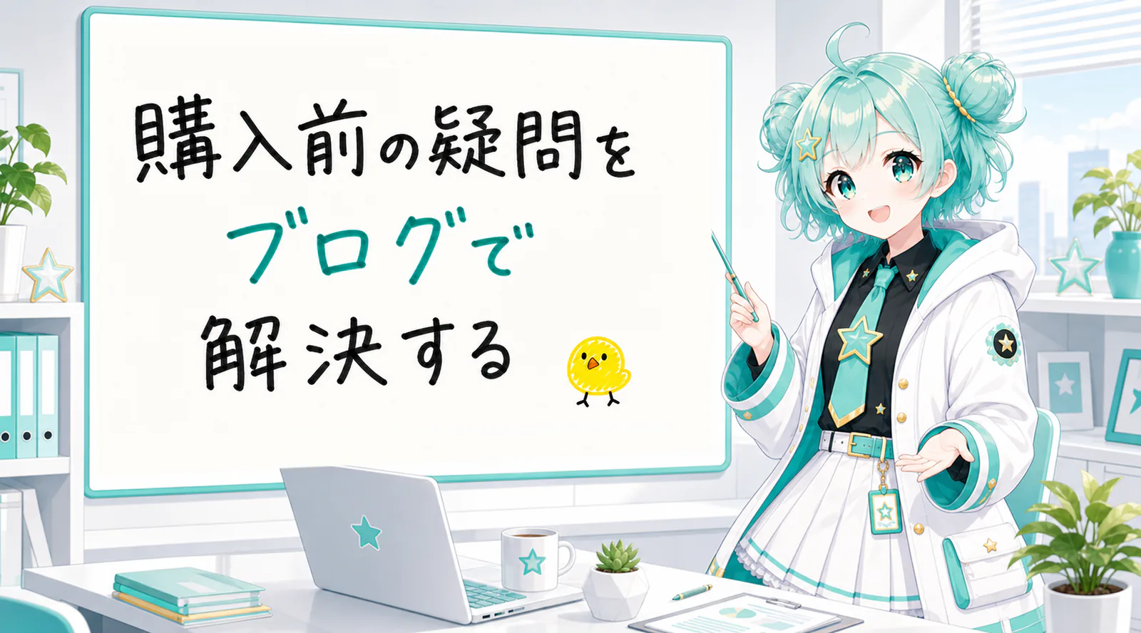 「購入前の疑問をブログで解決する」と手書きされたホワイトボードを指す公式キャラクターと、ひよこの落書き