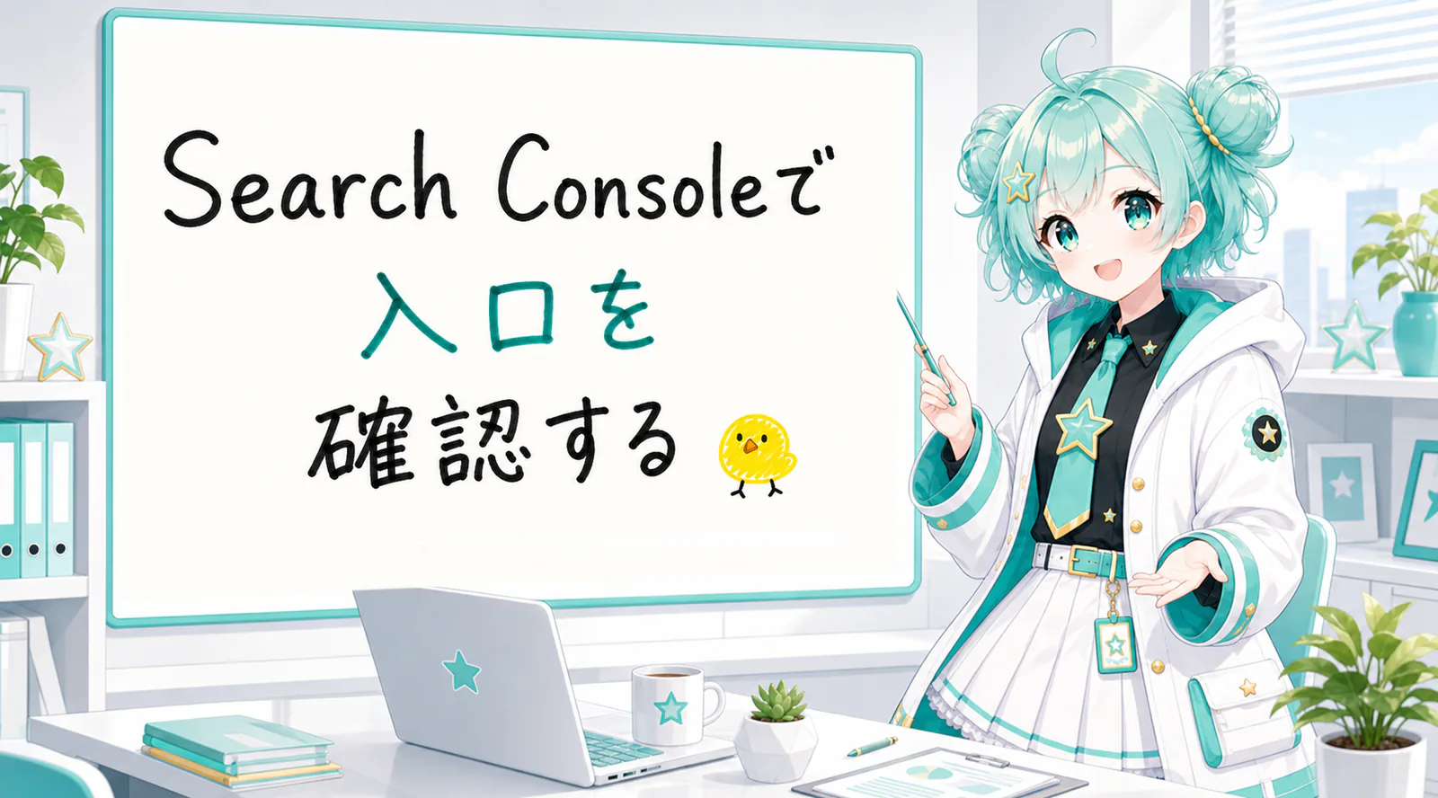 「Search Consoleで入口を確認する」と手書きされたホワイトボードを指す公式キャラクターと、ひよこの落書き