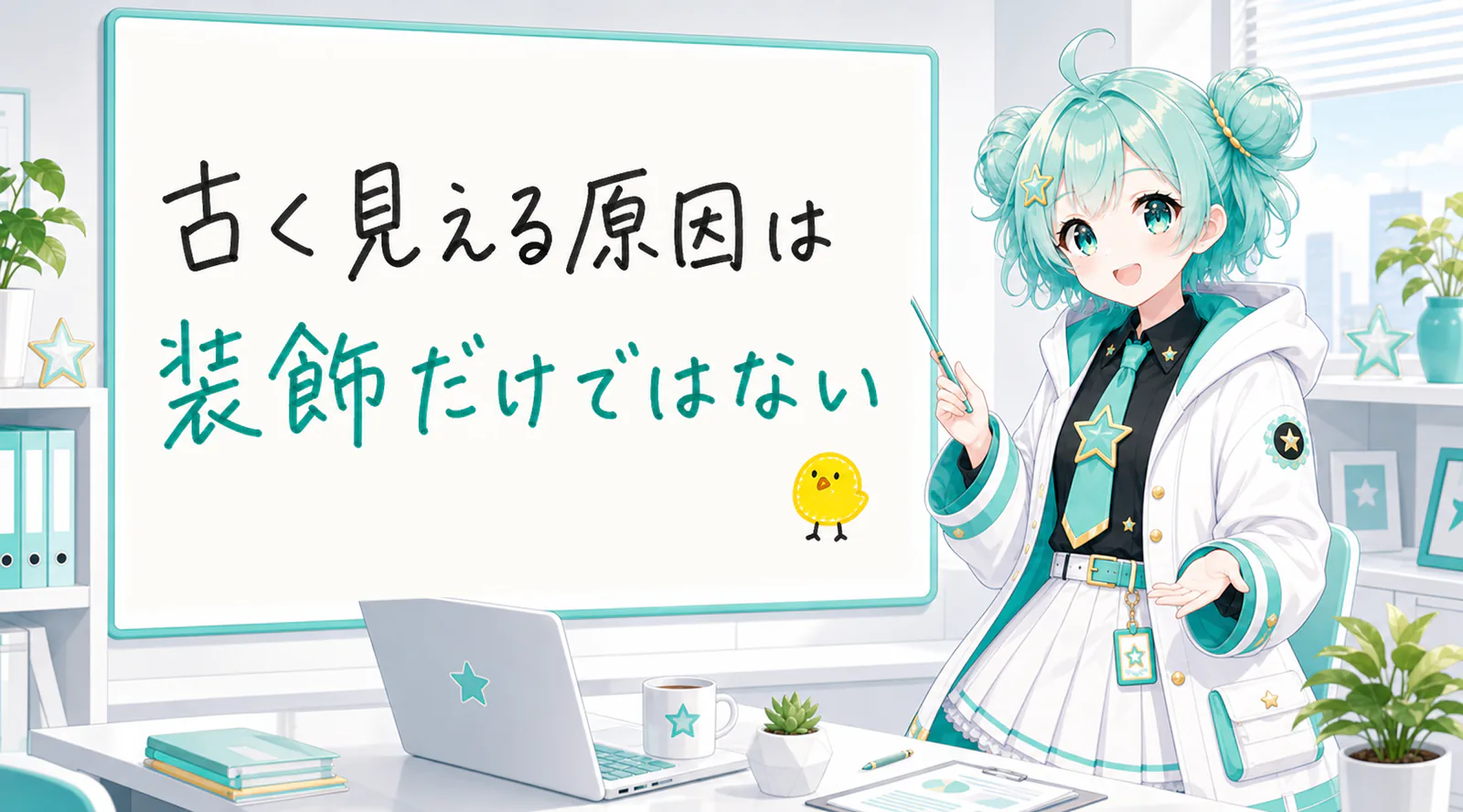 「古く見える原因は装飾だけではない」と手書きされたホワイトボードを指す公式キャラクターと、ひよこの落書き