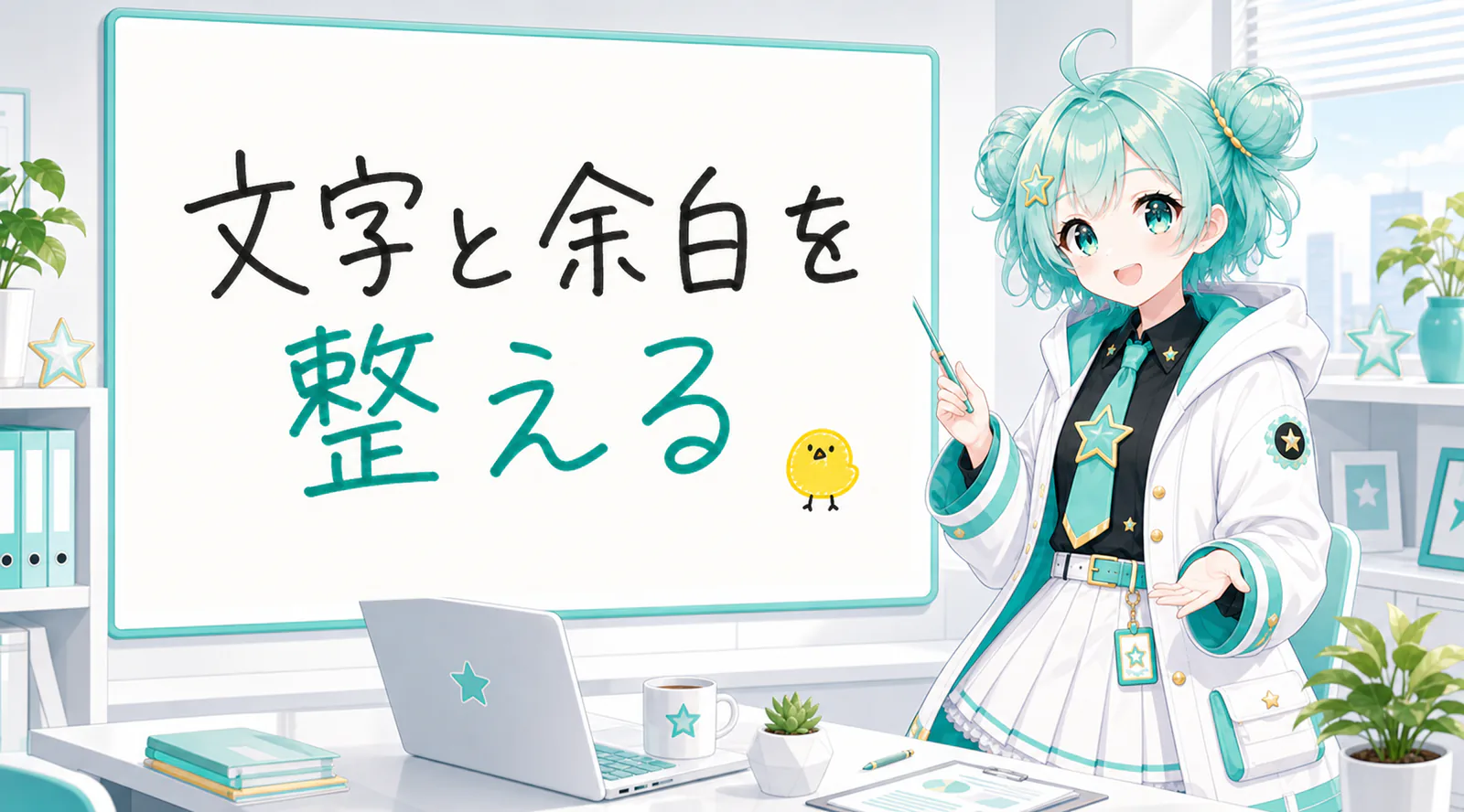 「文字と余白を整える」と手書きされたホワイトボードを指す公式キャラクターと、ひよこの落書き