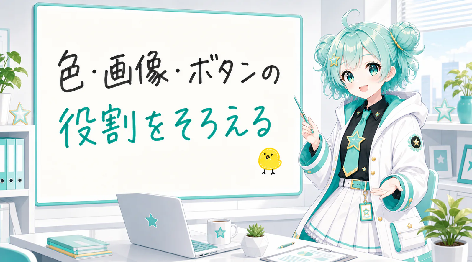 「色・画像・ボタンの役割をそろえる」と手書きされたホワイトボードを指す公式キャラクターと、ひよこの落書き