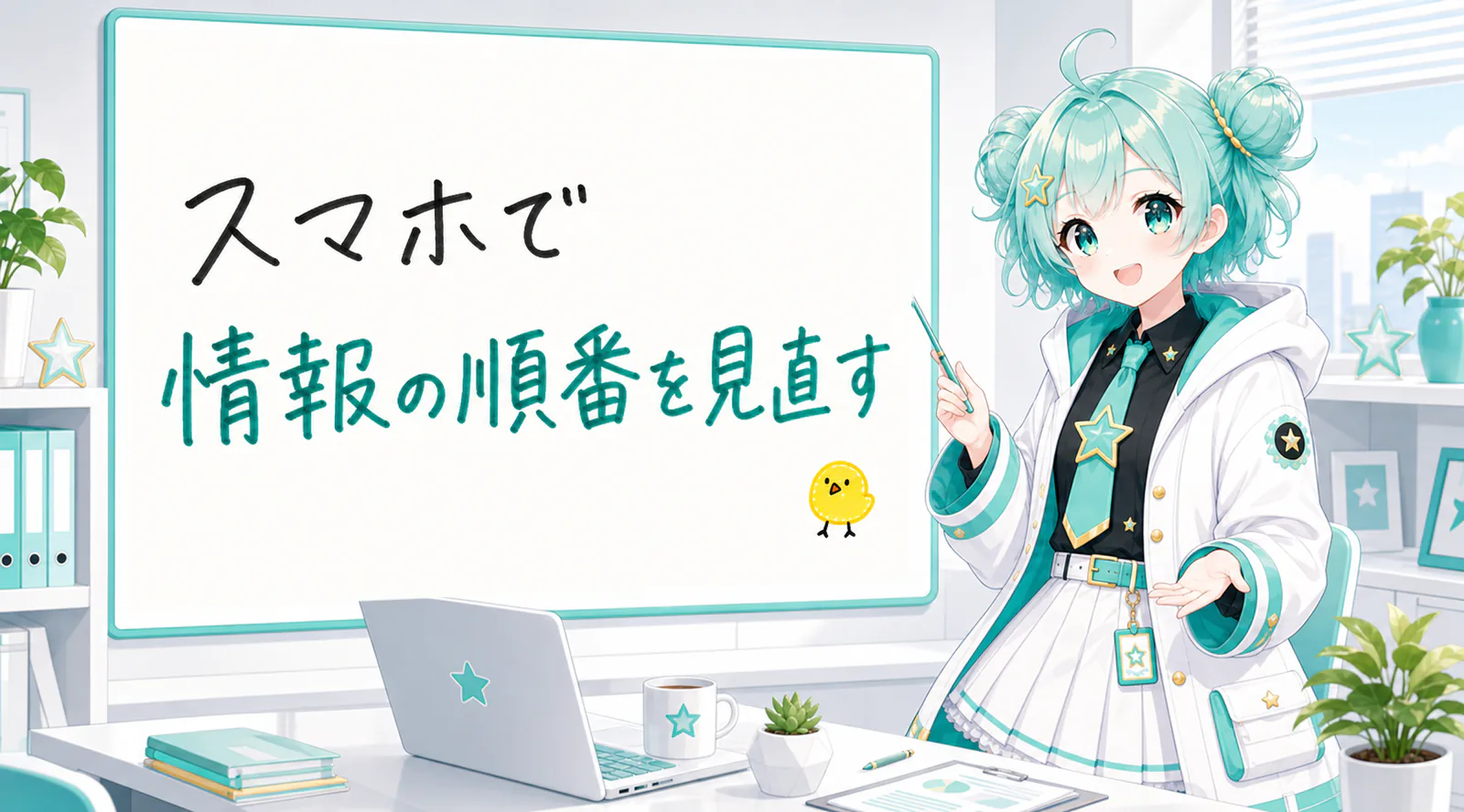 「スマホで情報の順番を見直す」と手書きされたホワイトボードを指す公式キャラクターと、ひよこの落書き