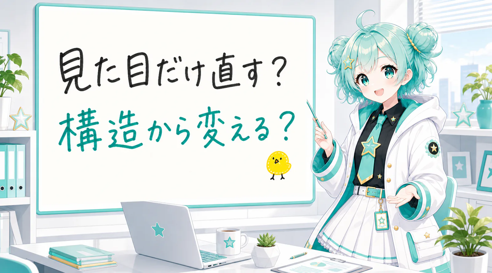 「見た目だけ直す?構造から変える?」と手書きされたホワイトボードを指す公式キャラクターと、ひよこの落書き
