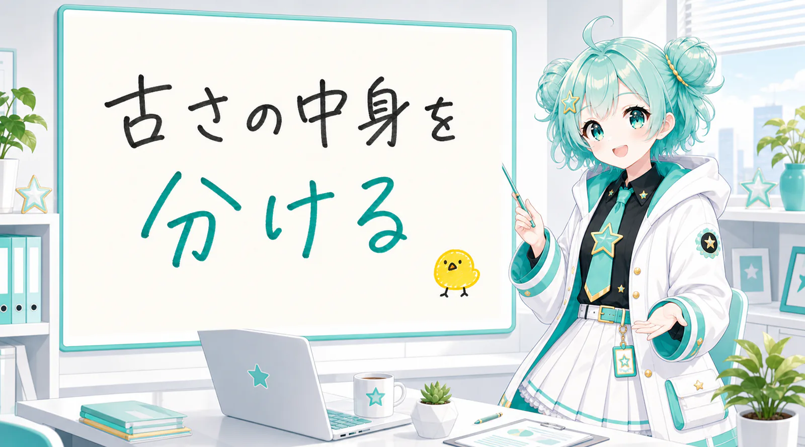 「古さの中身を分ける」と手書きされたホワイトボードを指す公式キャラクターと、ひよこの落書き
